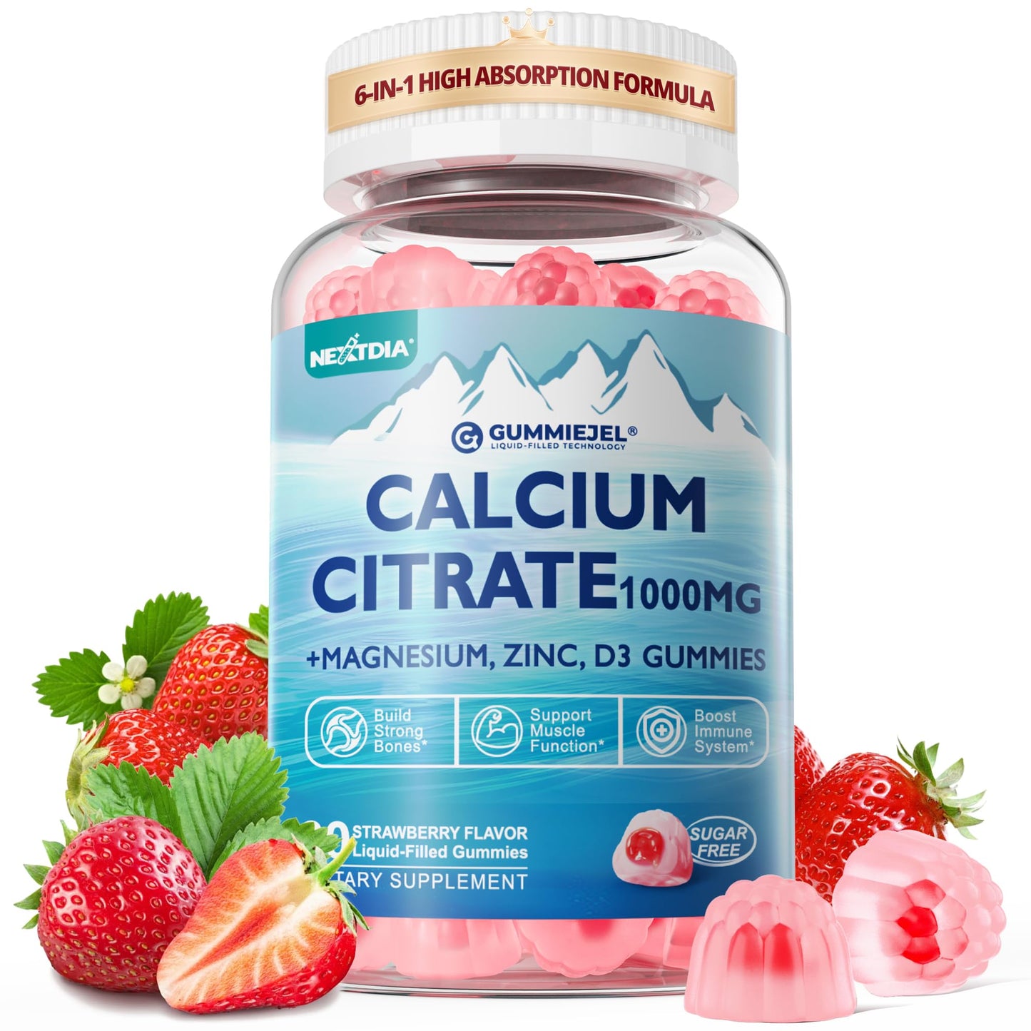 Calcium Citrate Gummies 1000mg – 6-in-1 with D3, Mg & Zn | Vegan Sugar-Free (60ct)