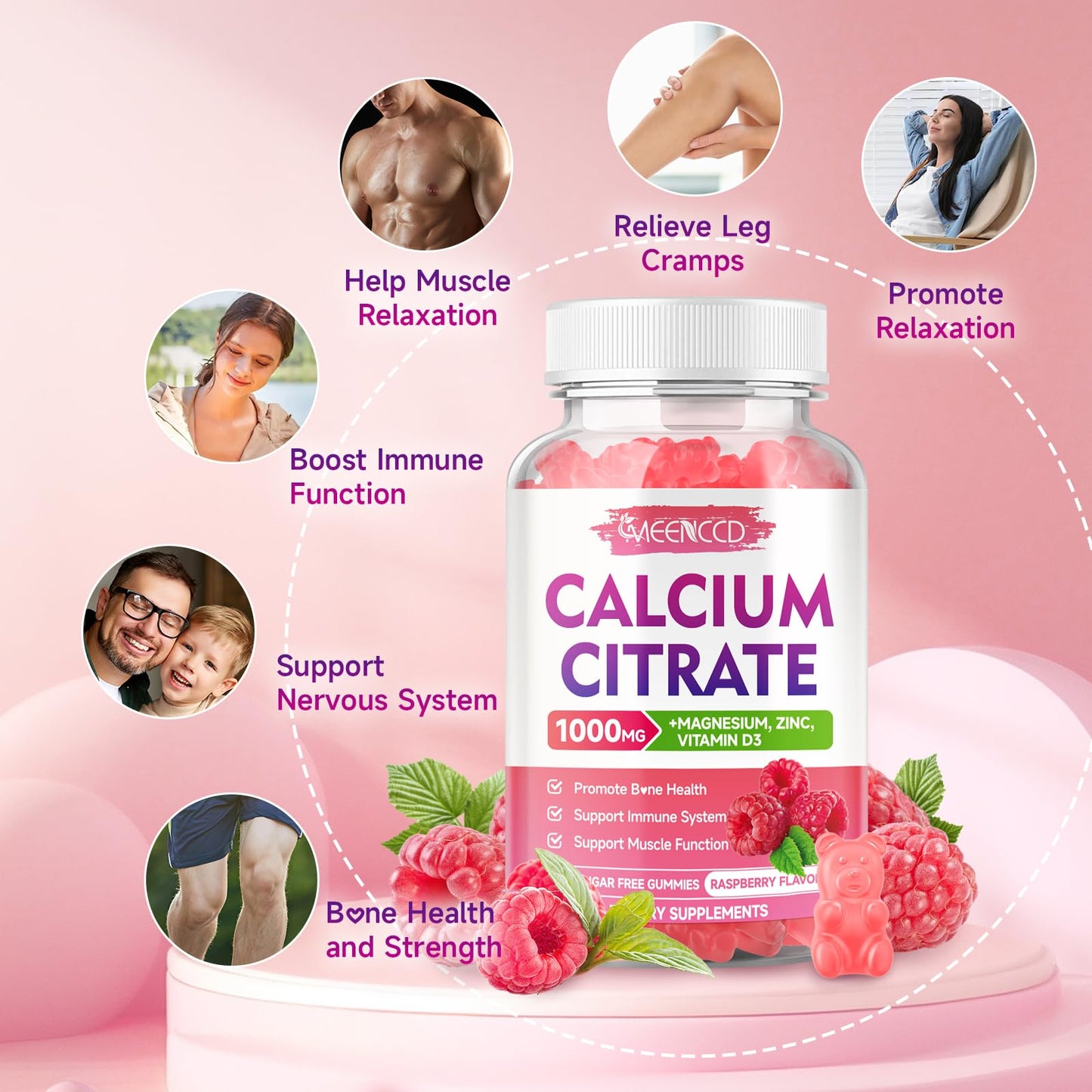 Calcium Citrate Gummies 1000mg with Vitamin D3 – Sugar-Free Raspberry Flavor (60 Count)