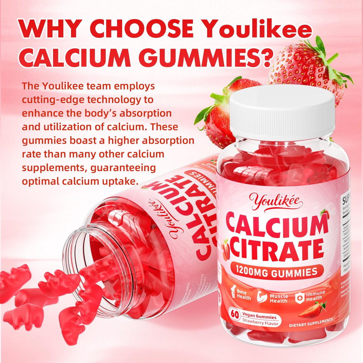 2-Pack Calcium Citrate Gummies 1200mg – Vegan, Strawberry, 120 Count