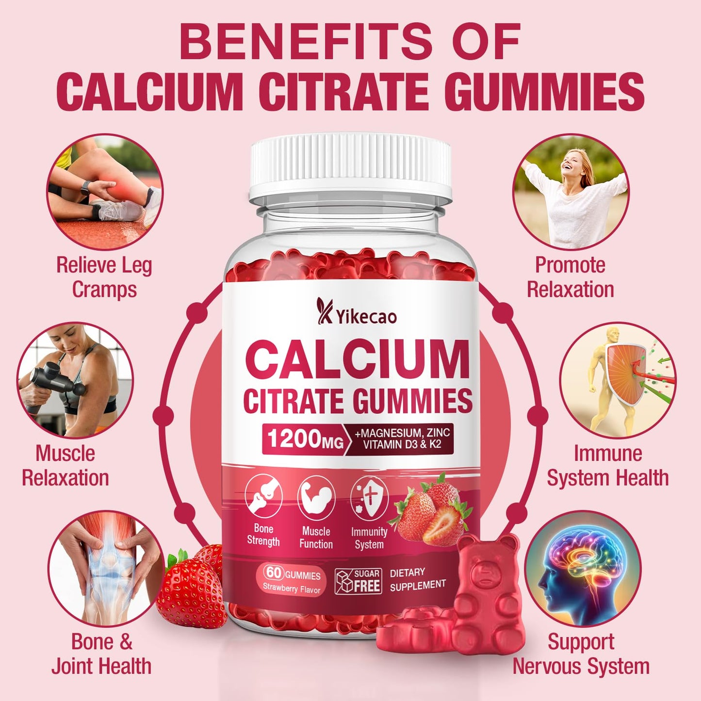 2 Pack Calcium Citrate Gummies 1200mg – Calcium with D3 & K2 (Strawberry, 120 Count)