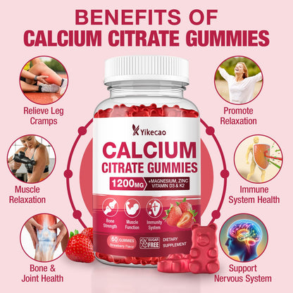 2 Pack Calcium Citrate Gummies 1200mg – Calcium with D3 & K2 (Strawberry, 120 Count)
