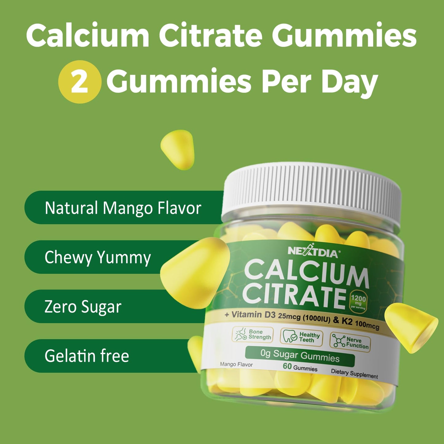 Calcium Citrate Gummies 1200mg with Vitamin D3 & K2 – Mango, 120 Count, Sugar Free