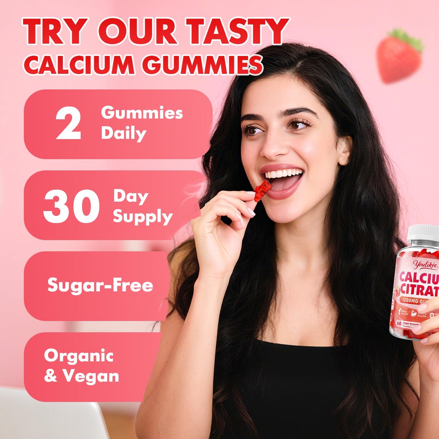 2-Pack Calcium Citrate Gummies 1200mg – Vegan, Strawberry, 120 Count