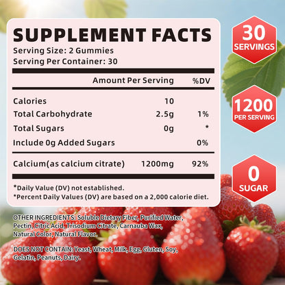Calcium Citrate Gummies 1200mg - Strawberry Flavor, Sugar Free, Vegan (60 Count)