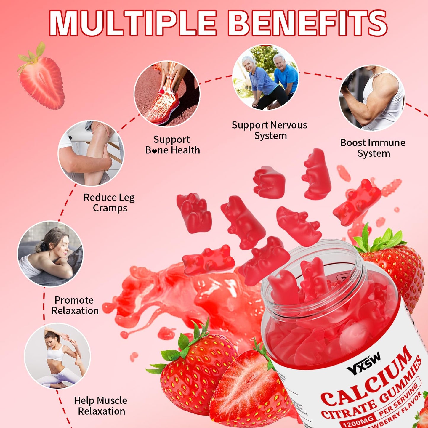 Calcium Citrate Gummies 1200mg - Strawberry Flavor, Sugar Free, Vegan (60 Count)
