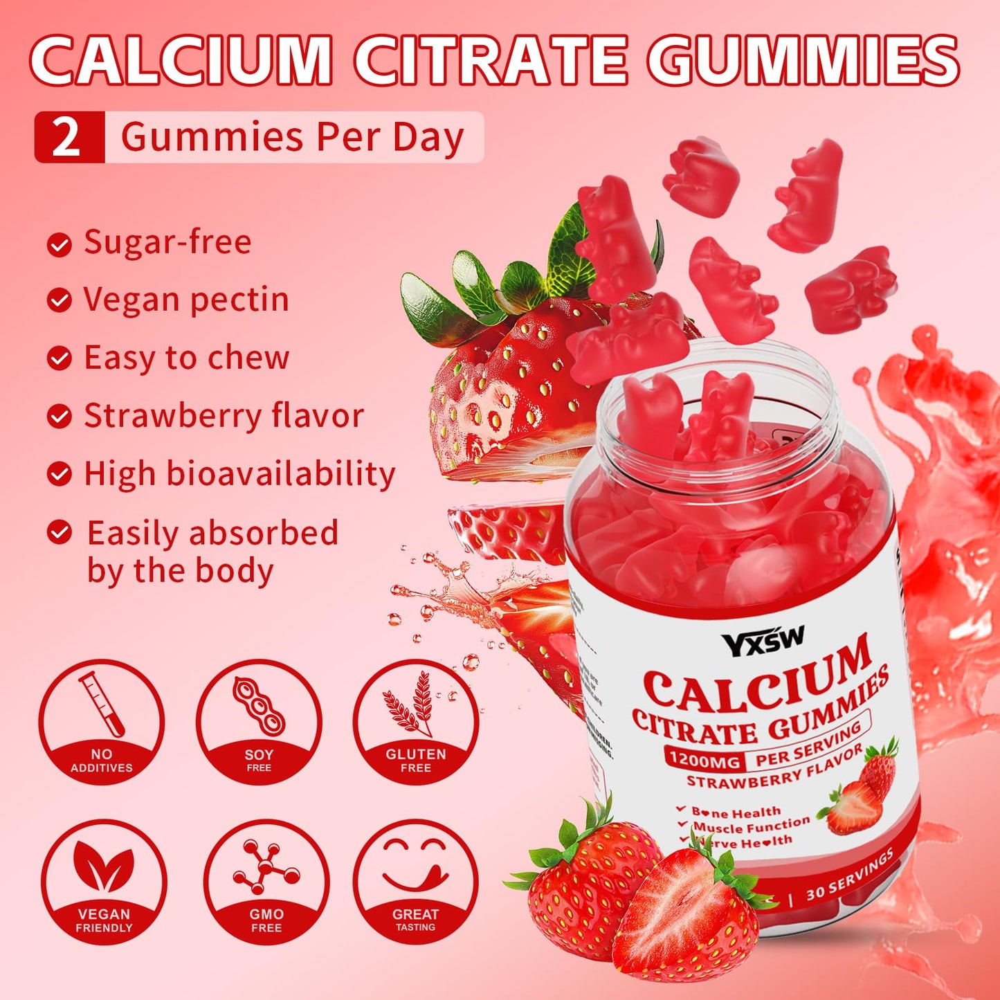 Calcium Citrate Gummies 1200mg - Strawberry Flavor, Sugar Free, Vegan (60 Count)