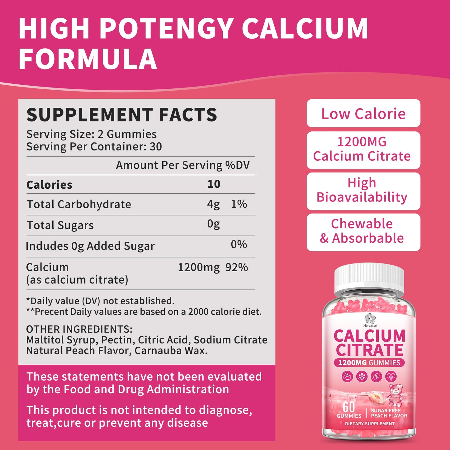 Calcium Citrate Gummies 1200 mg – High-Absorption Calcium for Adults (Sugar Free, Gluten Free, Non-GMO)