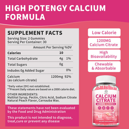 Calcium Citrate Gummies 1200 mg – High-Absorption Calcium for Adults (Sugar Free, Gluten Free, Non-GMO)