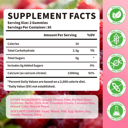 Calcium Citrate Gummies 1200mg – Chewable Calcium for Bone, Muscle & Immune Support | Raspberry Flavor, 120 Count