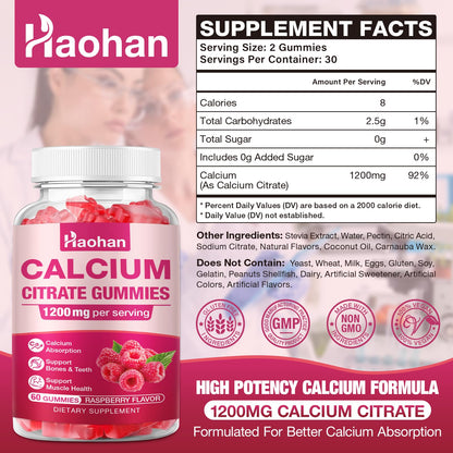 Calcium Citrate Gummies 1200mg - Sugar-Free Raspberry | Bone & Immune Support | 120 Count