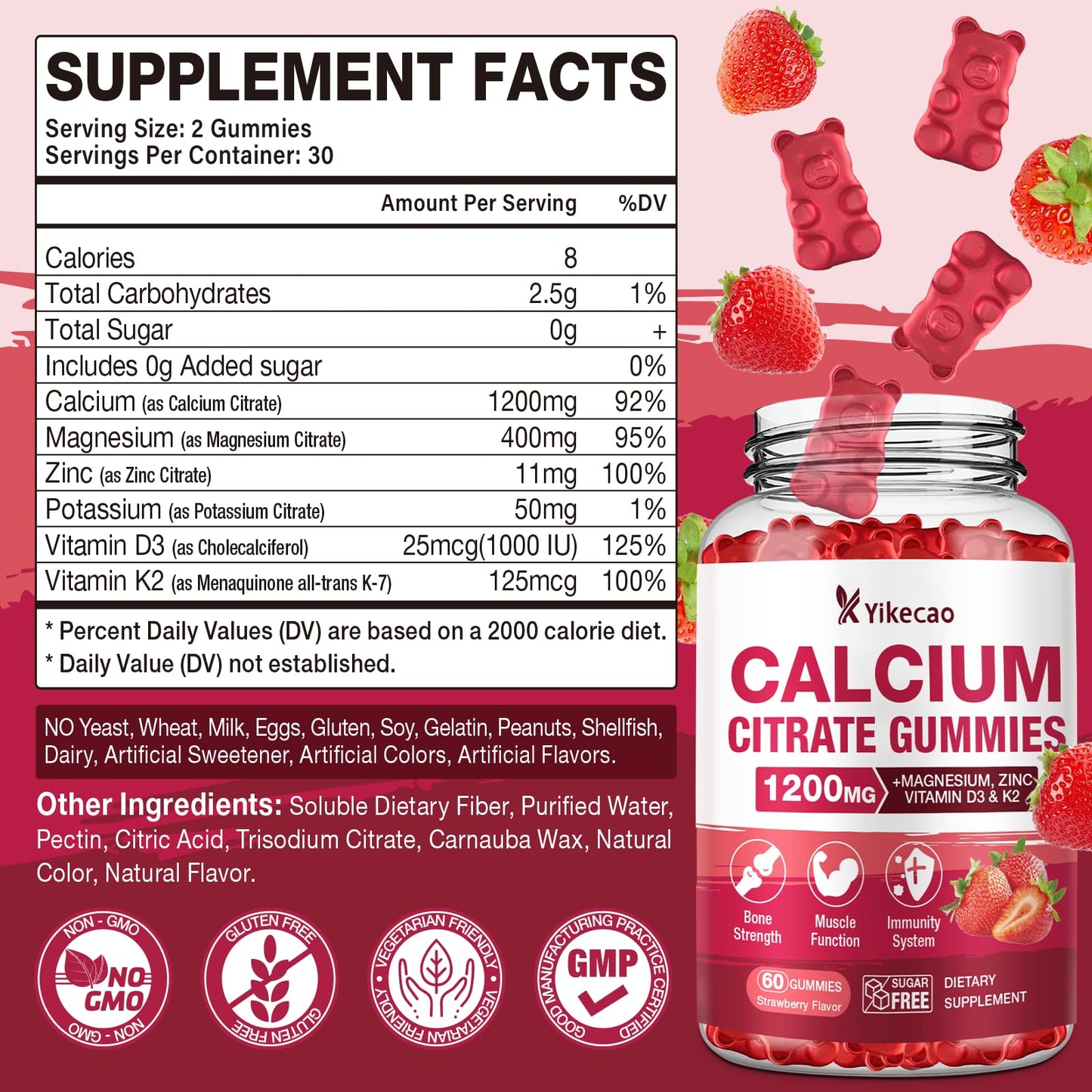 2 Pack Calcium Citrate Gummies 1200mg – Calcium with D3 & K2 (Strawberry, 120 Count)