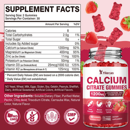 2 Pack Calcium Citrate Gummies 1200mg – Calcium with D3 & K2 (Strawberry, 120 Count)