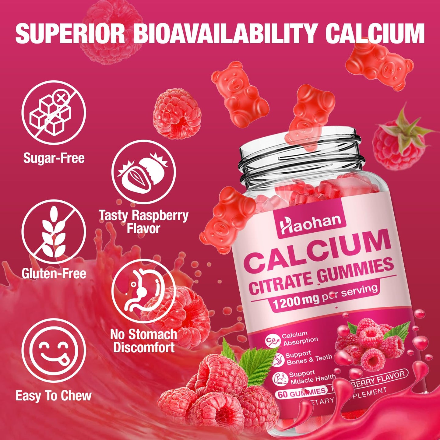 Calcium Citrate Gummies 1200mg - Sugar-Free Raspberry | Bone & Immune Support | 120 Count