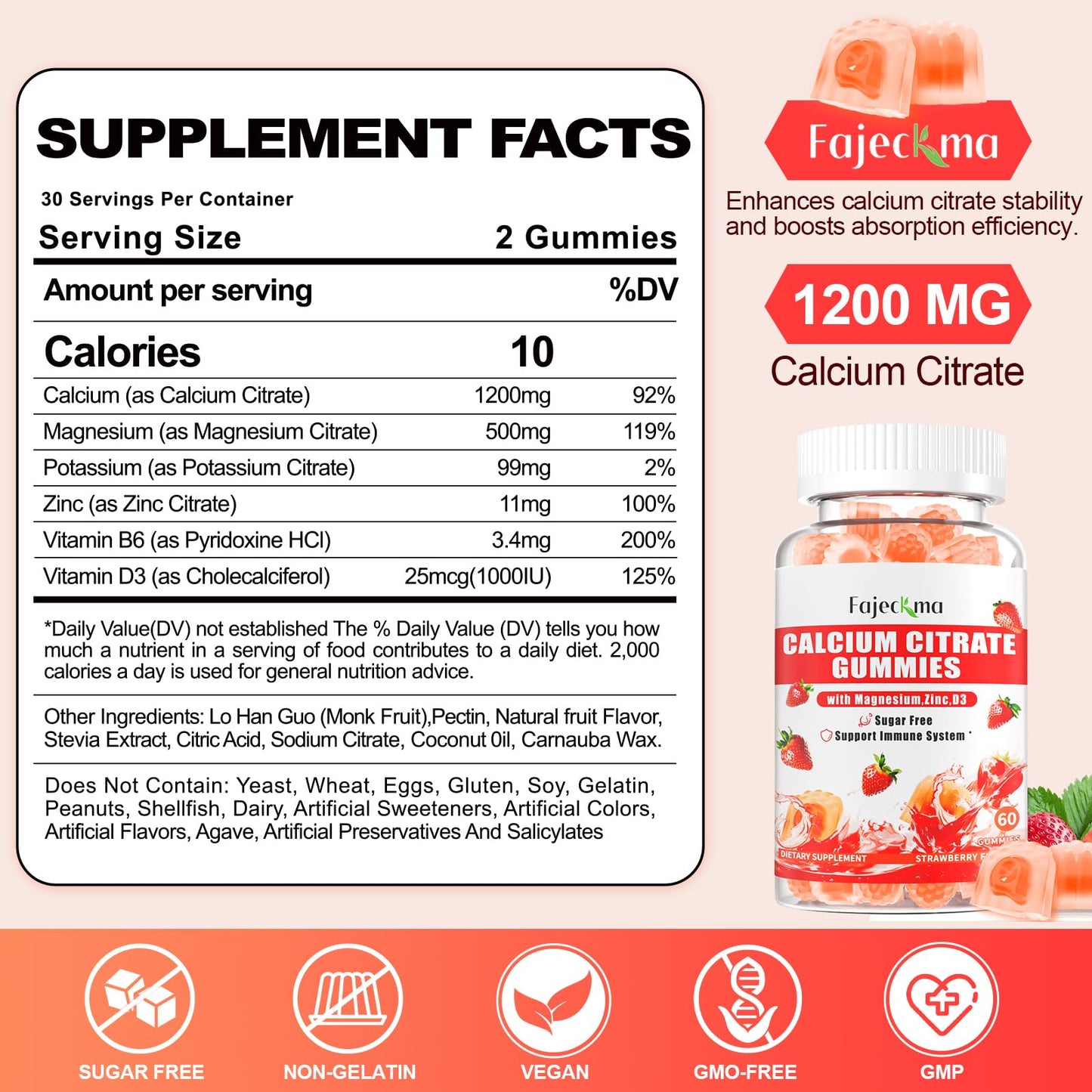 Calcium Citrate Gummies – 1200mg Calcium + Magnesium + Zinc with Vitamin D3 & B6 | Vegan, Sugar Free, 120 Count
