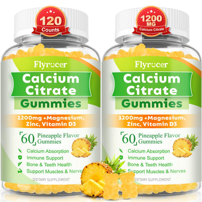 1200mg Calcium Citrate Gummies - Chewable Calcium Gummies for Bone, Muscle, Teeth, Immune Support, High Absorption Calcium Supplements for Women & Men Sugar Free Pineapple Flavor 120 Count