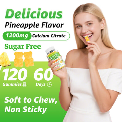 1200mg Calcium Citrate Gummies - Chewable Calcium Gummies for Bone, Muscle, Teeth, Immune Support, High Absorption Calcium Supplements for Women & Men Sugar Free Pineapple Flavor 120 Count