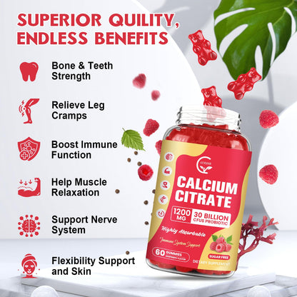 Calcium Citrate Gummies 1200 mg with D3, K2, Mg & Zn – Raspberry Flavor, 60 Chews