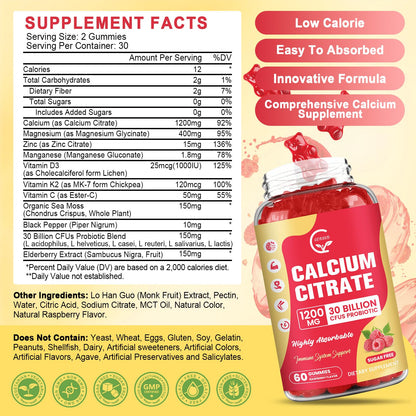 2 Pack Sugar Free Calcium Citrate Gummies 1200 mg – D3, K2, Mg, Zn | Raspberry, 60 Chews