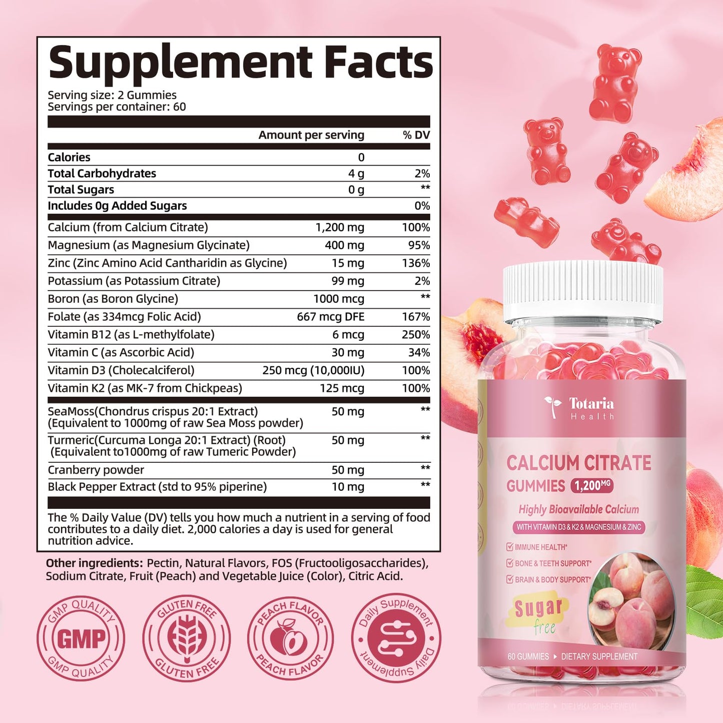 2 Pack Calcium Citrate Gummies 1200 mg – Peach Flavor, Vitamin D3 & K2