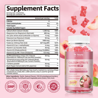 2 Pack Calcium Citrate Gummies 1200 mg – Peach Flavor, Vitamin D3 & K2