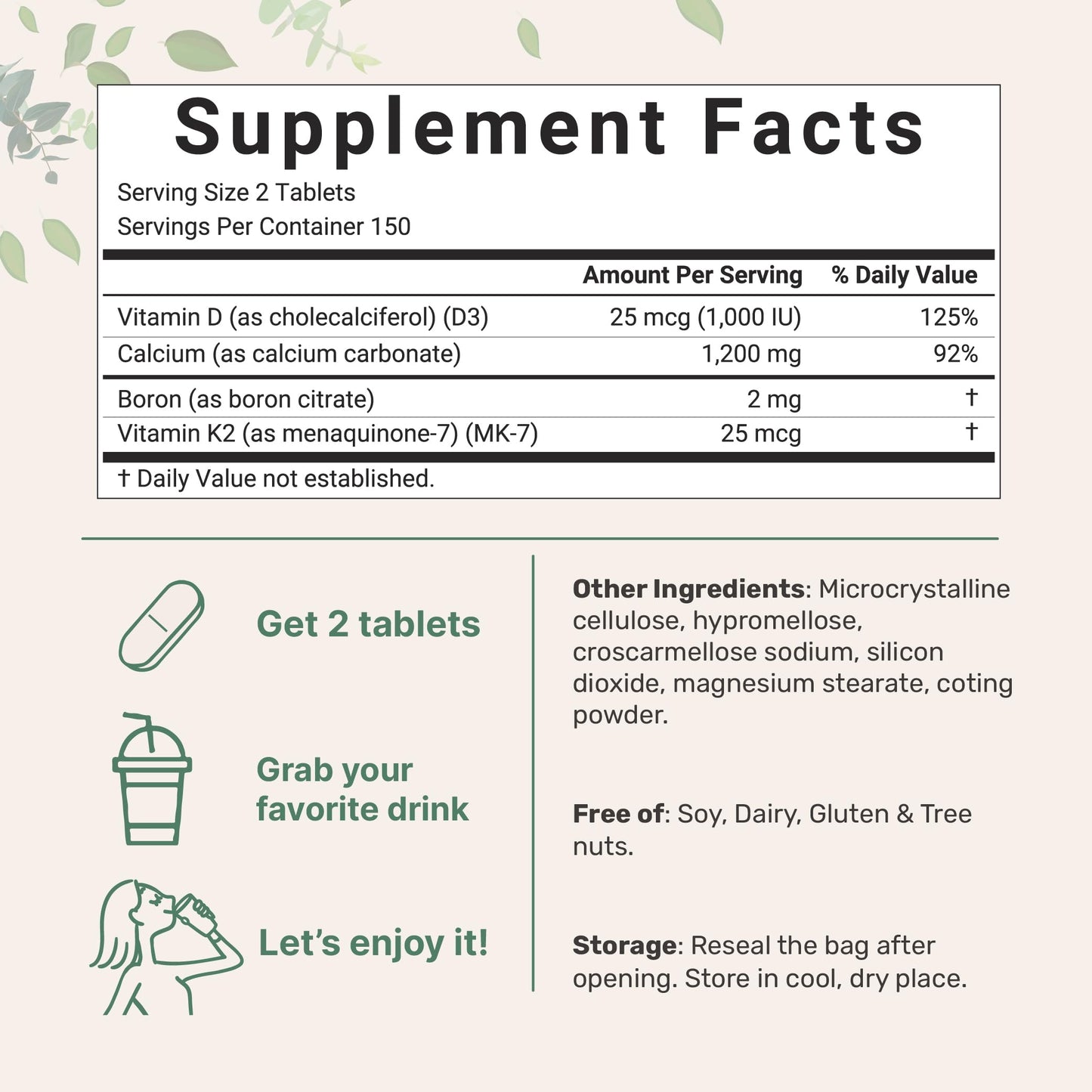 Micro Ingredients Calcium 1,200mg with D3 & K2 - 300 Tablets
