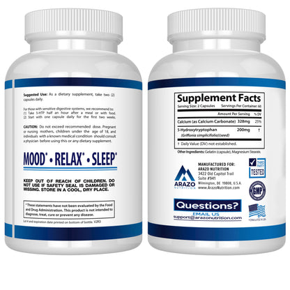 5-HTP 200 mg Plus Calcium – Mood & Sleep Support | 120 Capsules | Arazo Nutrition
