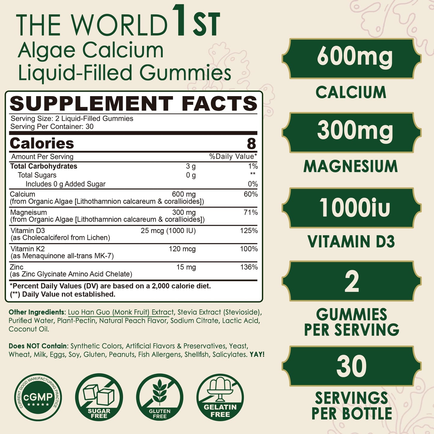 Plant Based Calcium Gummies 600mg | D3 K2 | Magnesium & Zinc | Sugar Free | Vegan