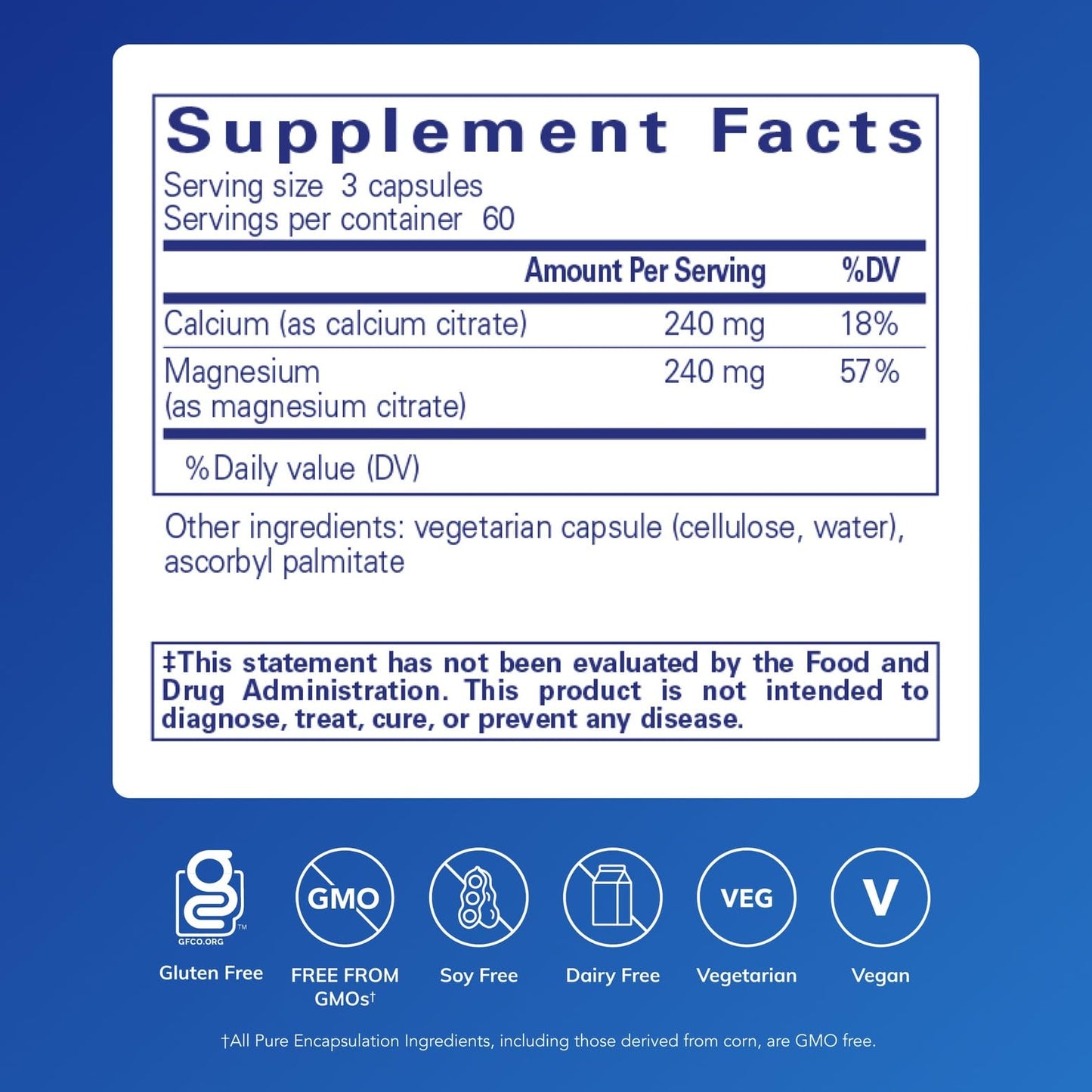 Calcium Magnesium Citrate (240 g) - Pure Encapsulations - Vegan, Non-GMO - 180 Capsules | Bone Health