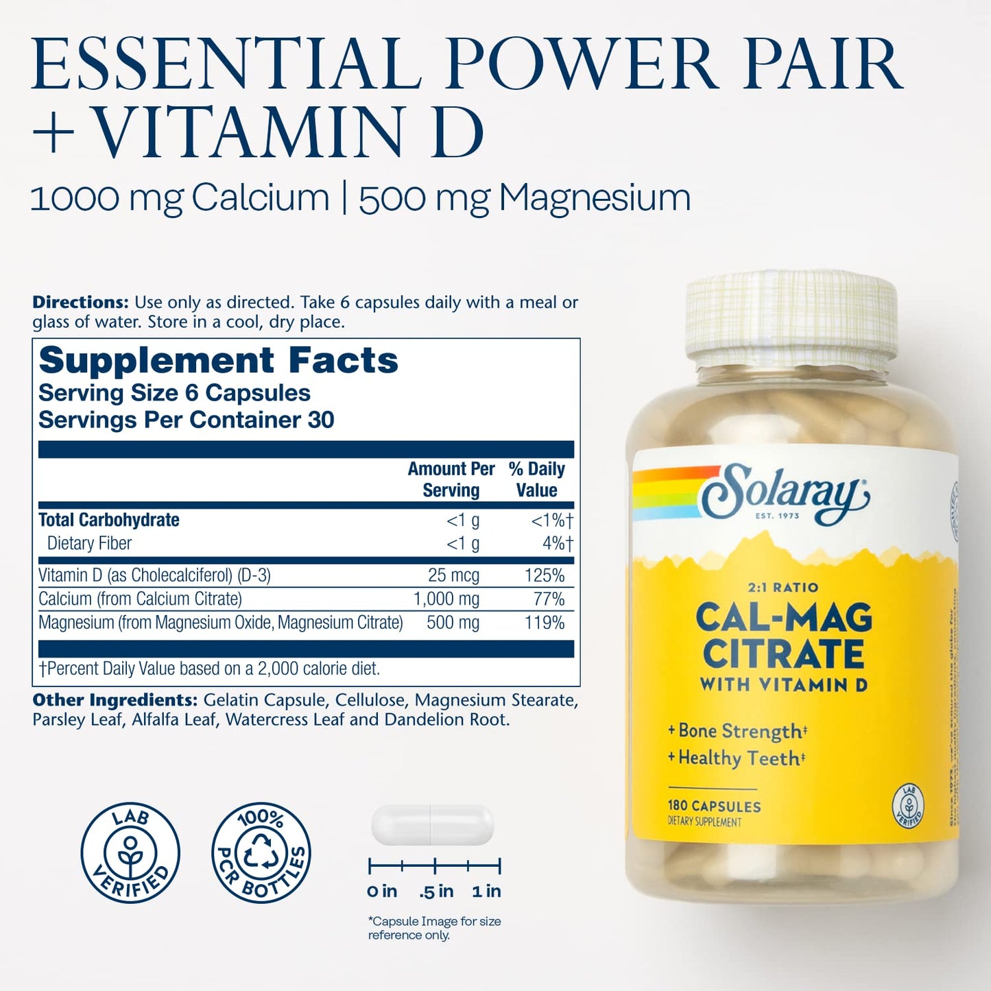 SOLARAY Calcium & Magnesium Citrate 2:1 Ratio with Vitamin D-3 - High Absorption, 180 Capsules