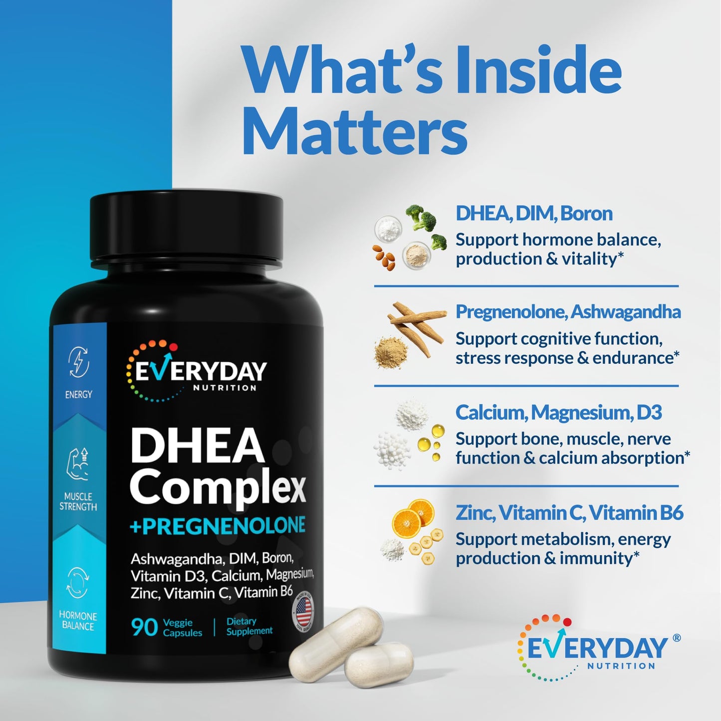 DHEA Micronized 200mg & Pregnenolone 100mg Complex – Hormone Support, USA Made, 90 Capsules
