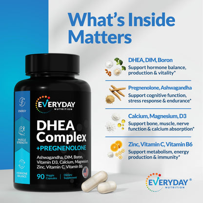 DHEA Micronized 200mg & Pregnenolone 100mg Complex – Hormone Support, USA Made, 90 Capsules
