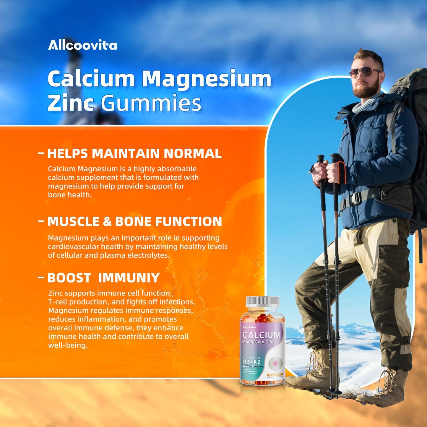 Calcium Magnesium Zinc Gummies with Vitamin D3 & K2 – High Potency Orange 60 Gummies