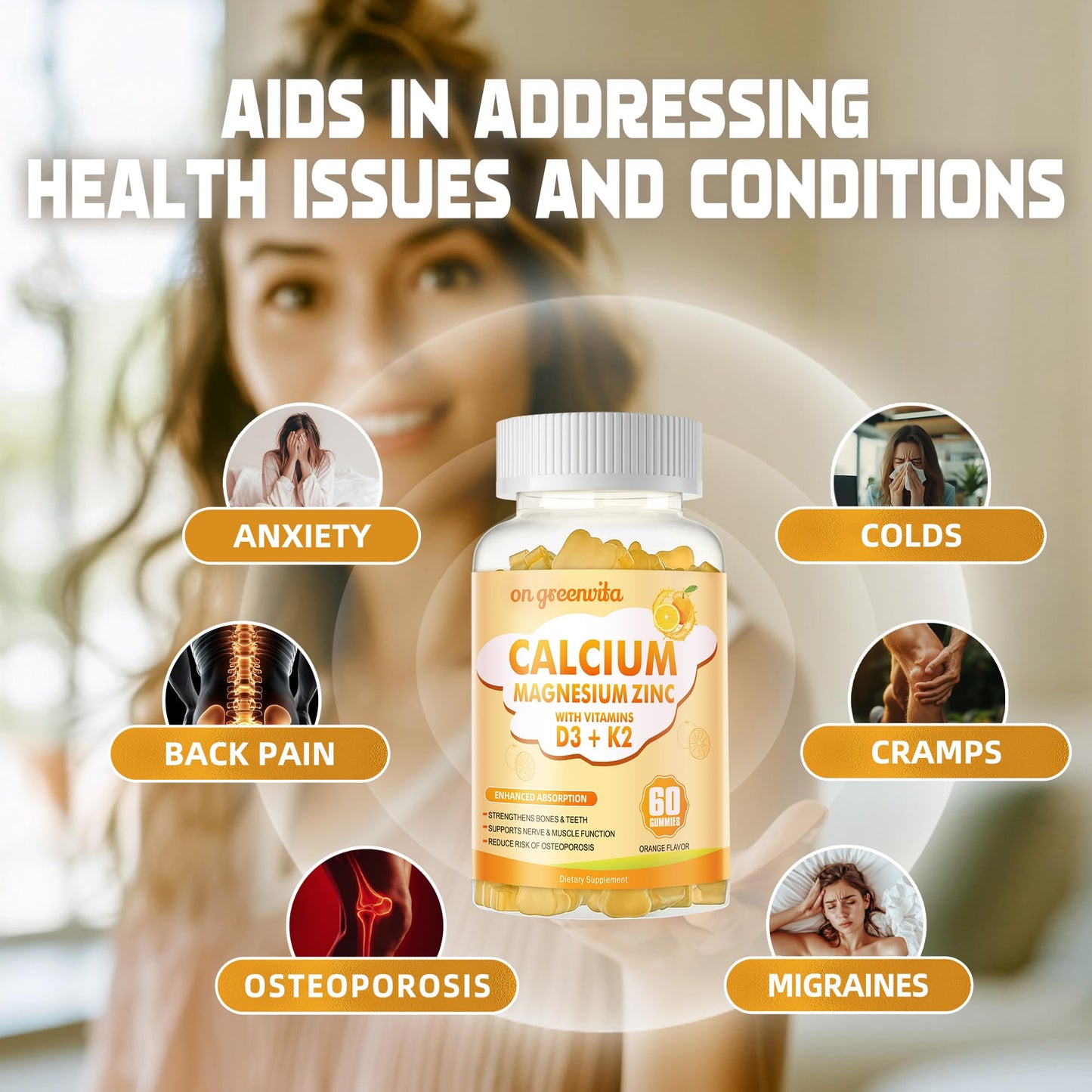 Calcium Magnesium Zinc Gummies with Vitamin D3 & K2 - High Potency, Enhanced Absorption - 120 Orange Gummies