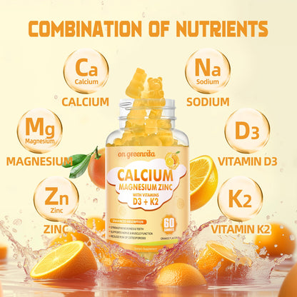Calcium Magnesium Zinc Gummies with Vitamin D3 & K2 - High Potency, Enhanced Absorption - 120 Orange Gummies