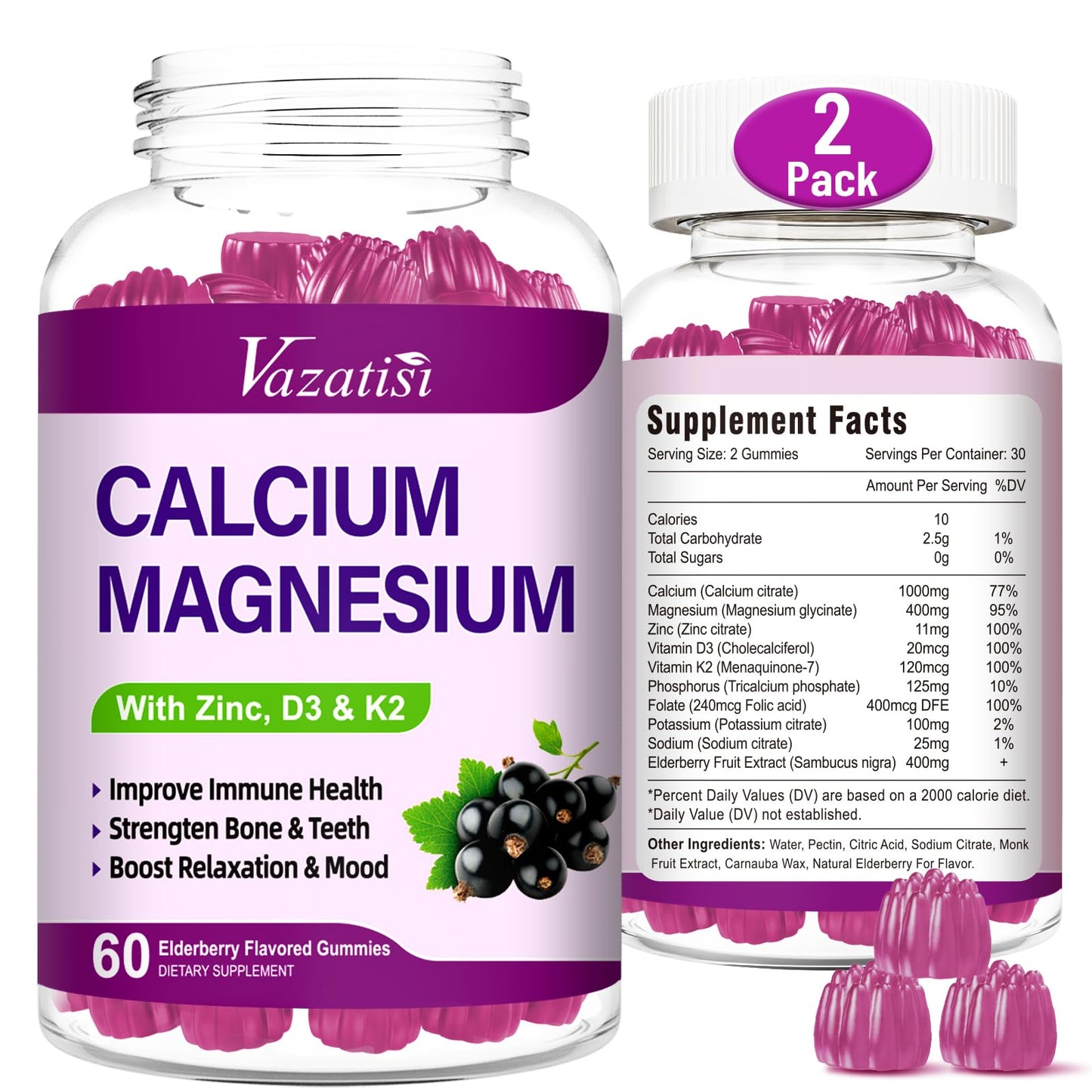 Calcium Magnesium Zinc Gummies with Vitamin D3 & K2 – High Absorption, Vegan Elderberry 120 Gummies