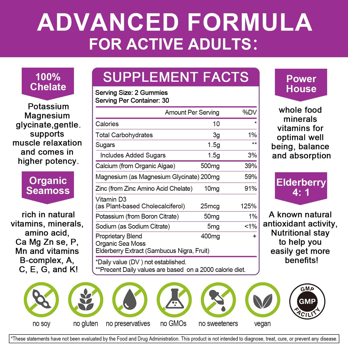 Calcium Magnesium Zinc Gummies with 200mg Magnesium Glycinate – Potassium, D3 & Sea Moss