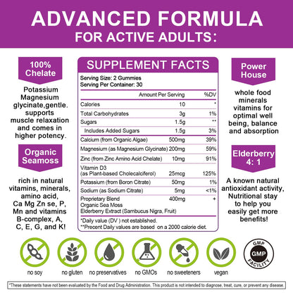 Calcium Magnesium Zinc Gummies with 200mg Magnesium Glycinate – Potassium, D3 & Sea Moss
