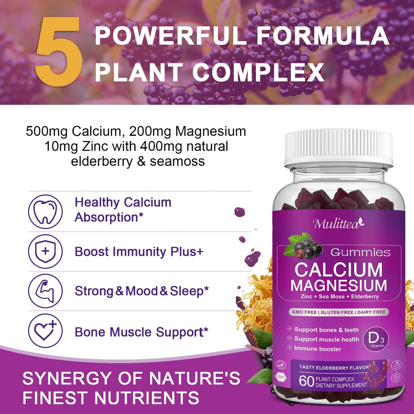 Calcium Magnesium Zinc Gummies with 200mg Magnesium Glycinate – Potassium, D3 & Sea Moss