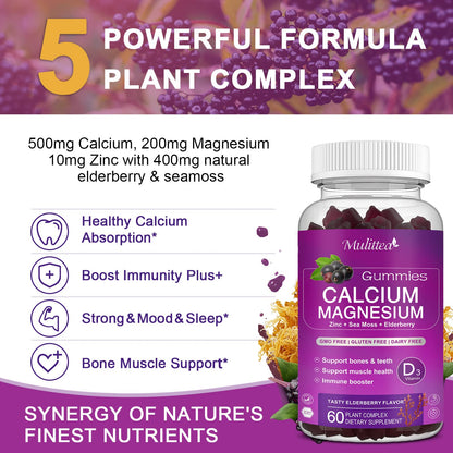 Calcium Magnesium Zinc Gummies with 200mg Magnesium Glycinate – Potassium, D3 & Sea Moss