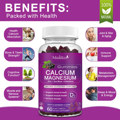 Calcium Magnesium Zinc Gummies with 200mg Magnesium Glycinate – Potassium, D3 & Sea Moss