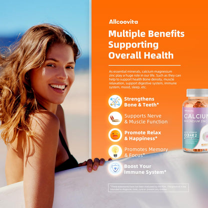 Calcium Magnesium Zinc Gummies with Vitamin D3 & K2 – High Potency Orange 60 Gummies