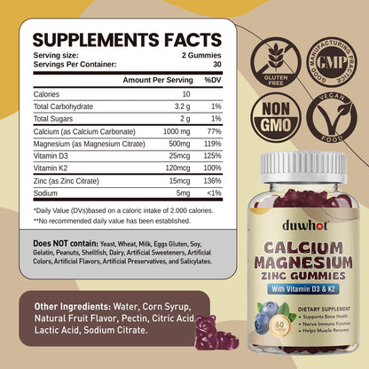 Calcium Magnesium Zinc Gummies for Women - 1000 mg, D3 & K2, 60 Ct
