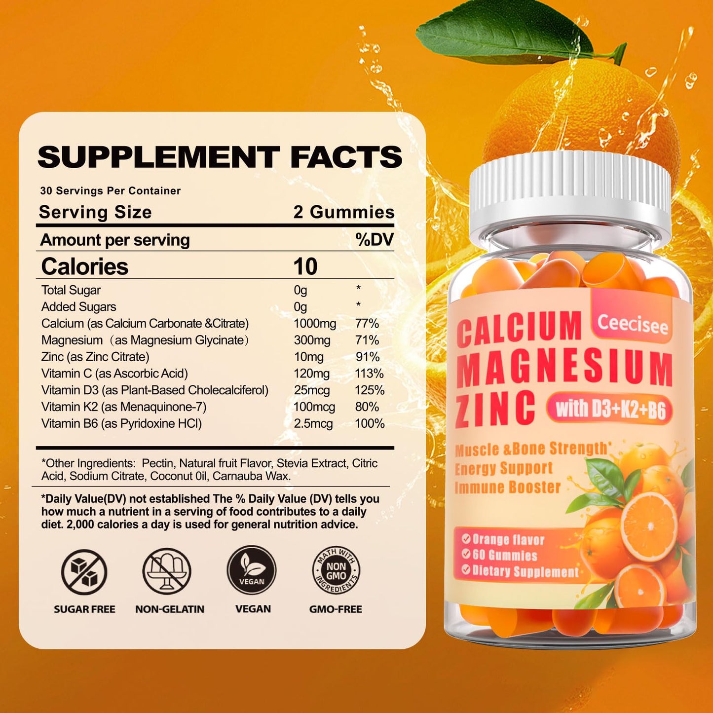 Calcium Magnesium Zinc Gummies with D3, B6 & K2 – 1000mg Calcium, 300mg Magnesium, Sugar Free (120 Count)