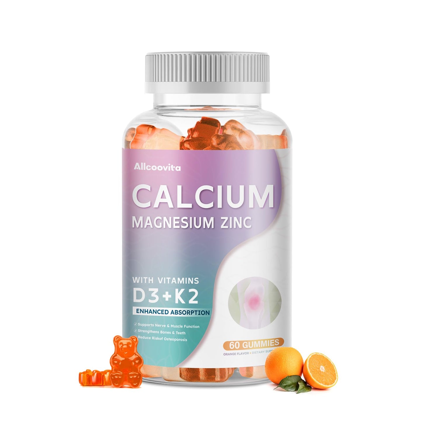Calcium Magnesium Zinc Gummies with Vitamin D3 & K2 – High Potency Orange 60 Gummies
