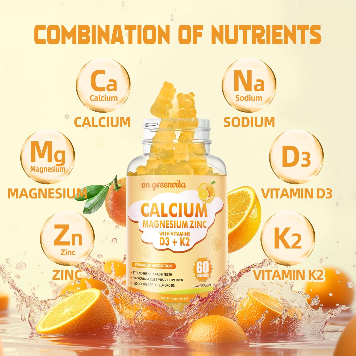 Calcium Magnesium Zinc Gummies with Vitamin D3 & K2 - High Potency, 60 Orange Gummies