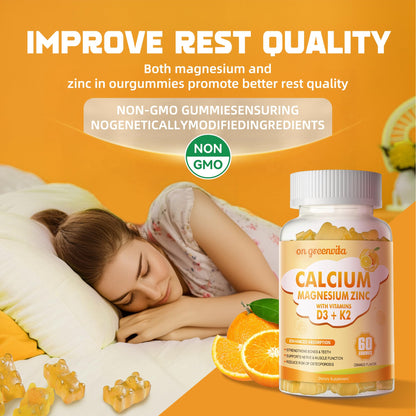 Calcium Magnesium Zinc Gummies with Vitamin D3 & K2 - High Potency, 60 Orange Gummies
