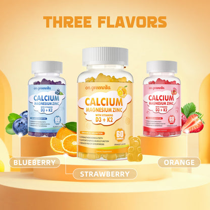 Calcium Magnesium Zinc Gummies with Vitamin D3 & K2 - High Potency, 60 Orange Gummies