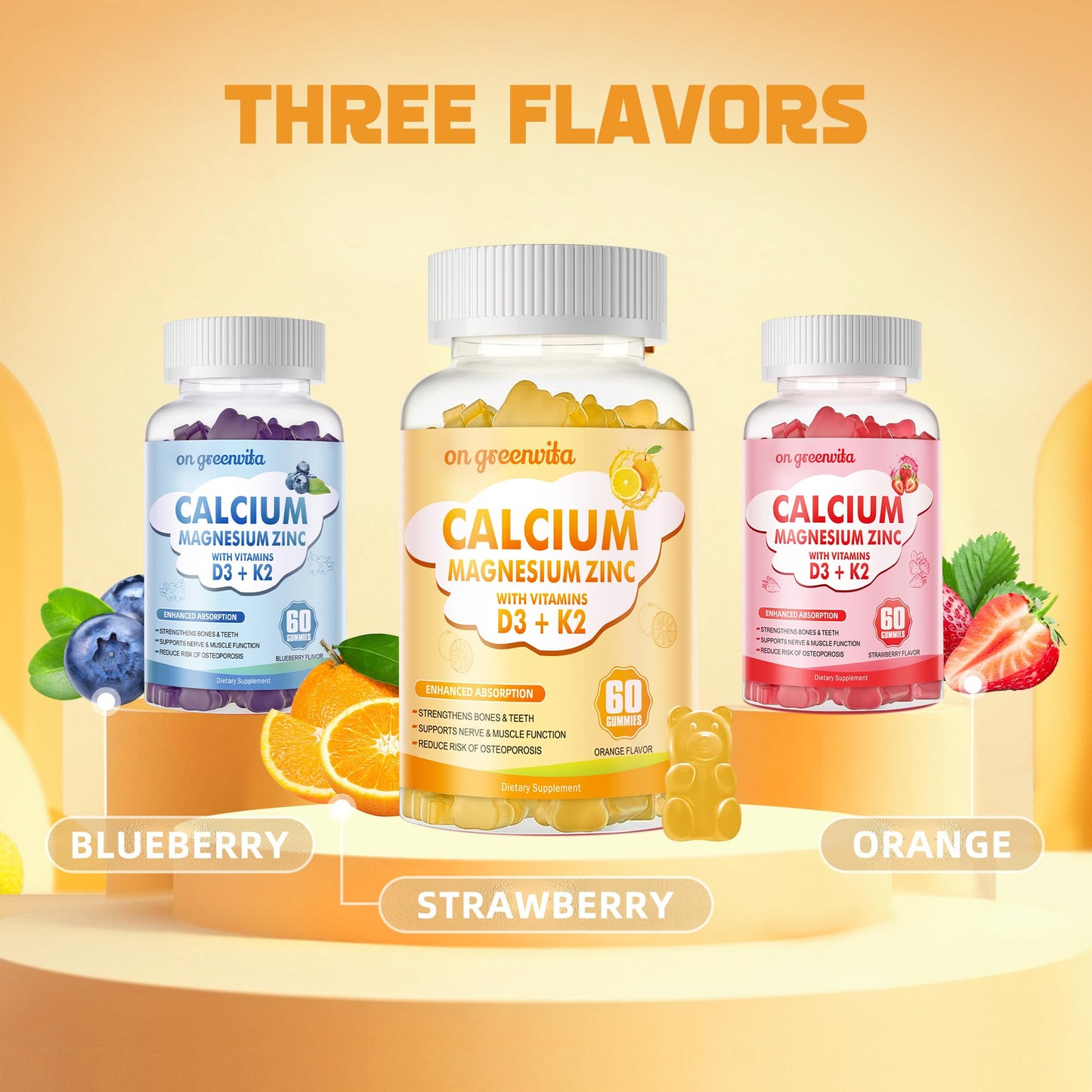 Calcium Magnesium Zinc Gummies with Vitamin D3 & K2 - High Potency, Enhanced Absorption - 120 Orange Gummies