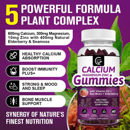 Calcium Magnesium Zinc Gummies 2:1 Plant Complex | High Absorption Mg Glycinate 300mg + D3 Sea Moss | Vegan 2-Pack