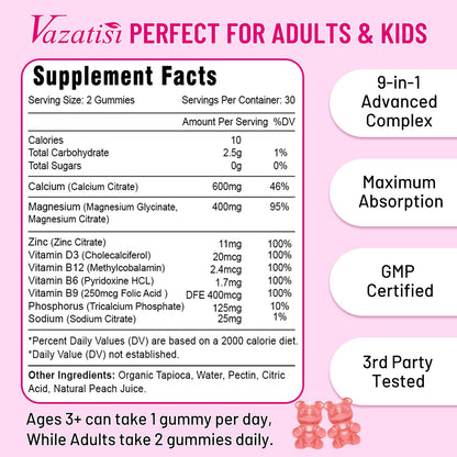Vazatisi Calcium Magnesium Zinc Gummies with Vitamin D3 & B12 – Peach Flavor, 60 Count